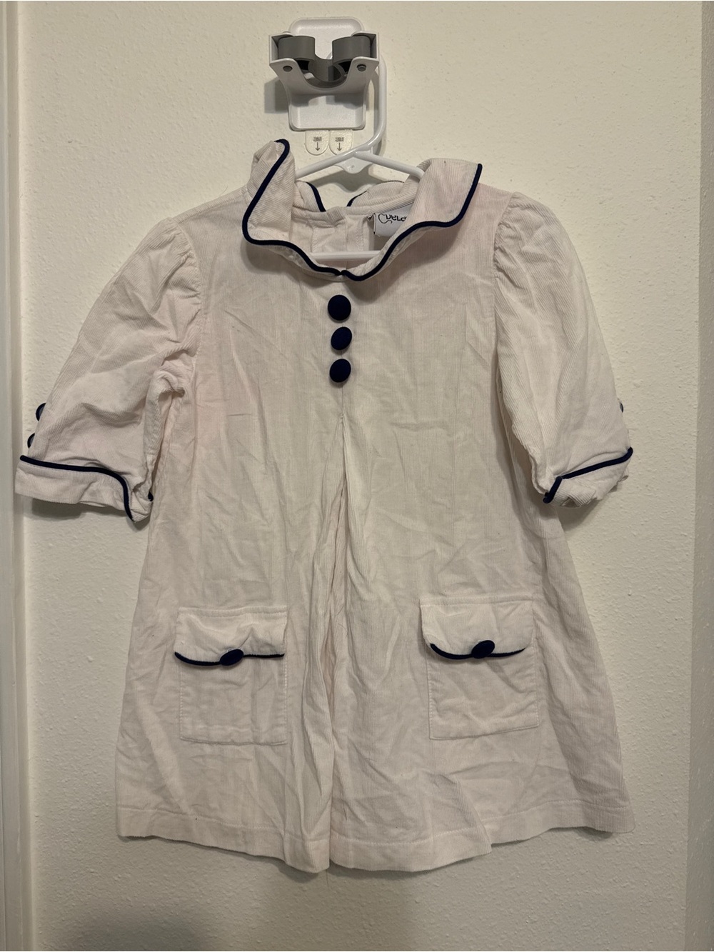 Classic White Kids' Dress with Navy Trim
